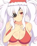  1girl bare_arms bare_shoulders bikini bikini_top blush breasts cleavage closed_mouth collarbone eyepatch hair_between_eyes hand_on_own_chest hat highres ichiryuu_tsumiki large_breasts long_hair looking_at_viewer one_eye_covered red_bikini red_hat santa_hat senran_kagura_(series) senran_kagura_shinovi_versus shiny shiny_skin sidelocks silver_hair smile solo sparkling_eyes swimsuit twintails yagyuu_(senran_kagura) 