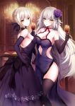  2girls artoria_pendragon_(all) artoria_pendragon_(swimsuit_rider_alter) bare_shoulders blonde_hair blush center_opening choker christmas collarbone cup dress drinking_glass elbow_gloves fate/grand_order fate_(series) flower gloves hair_flower hair_ornament hair_ribbon holding holding_drinking_glass indoors jeanne_d&#039;arc_(alter)_(fate) jeanne_d&#039;arc_(fate)_(all) long_hair looking_at_viewer mafuyu multiple_girls navel ribbon saber_alter short_hair side_slit silver_hair strapless strapless_dress thigh-highs wine_glass yellow_eyes 