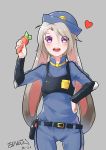  1girl animal_ears belt blush cowboy_shot disney einess gijinka grey_background grey_hair hair_between_eyes hand_on_hip heart judy_hopps looking_at_viewer open_mouth personification police police_uniform policewoman rabbit_ears short_hair smile uniform violet_eyes zootopia 