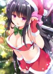  1girl bikini_top black_hair black_legwear blush bow bowtie breasts christmas cleavage commentary_request fingerless_gloves gloves green_neckwear hat kujou_danbo long_hair looking_at_viewer medium_breasts navel open_mouth original pantyhose red_bikini_top red_gloves red_skirt redhead santa_hat skirt snowflakes solo violet_eyes 