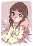  1girl bangs bed_sheet brown_eyes brown_hair commentary_request copyright_request from_above lens_flare long_hair long_sleeves looking_at_viewer looking_up pajamas sekina sitting sketch solo 