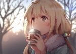  1girl blonde_hair blurry blurry_background brown_hair commentary_request cup drinking eyebrows_visible_through_hair floral_print fur_collar futaba_anzu hair_bobbles hair_ornament holding holding_cup idolmaster idolmaster_cinderella_girls long_hair looking_away low_twintails nakatokung outdoors solo steam twintails upper_body 