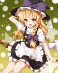  1girl :d apron asymmetrical_hair blonde_hair bow braid broom broom_riding frilled_skirt frills hair_bow hand_behind_head hat hat_bow highres kirisame_marisa long_hair looking_at_viewer open_mouth puffy_short_sleeves puffy_sleeves ruu_(tksymkw) short_sleeves side_braid single_braid skirt smile solo star touhou v-shaped_eyebrows waist_apron witch_hat yellow_eyes 