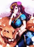 1girl bracelet breasts circlet closed_mouth commentary_request dyolf fate/grand_order fate_(series) flower hair_flower hair_ornament indian_clothes jewelry large_breasts lion long_hair looking_at_viewer matou_sakura necklace parvati_(fate/grand_order) puffy_short_sleeves puffy_sleeves purple_hair short_sleeves smile violet_eyes 