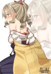  1girl artist_name bare_shoulders black_hakama blue_eyes blush dated drill_hair from_behind hakama hatakaze_(kantai_collection) japanese_clothes kantai_collection kimono light_brown_hair meiji_schoolgirl_uniform pallad ponytail short_hair solo undressing white_kimono yellow_kimono zoom_layer 