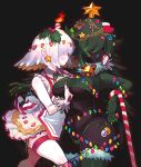  2girls blush breasts candle candy candy_cane christmas christmas_lights christmas_ornaments christmas_tree dark_skin food food_themed_clothes gashi-gashi green_hair hair_as_food hair_over_face highres large_breasts multiple_girls original pale_skin personification skirt star thong under_boob white_hair yuri 
