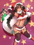  1girl armpits azur_lane bell black_hair blush boots bow box braid breasts brown_eyes christmas crop_top earrings elbow_gloves embarrassed feathers frown fur_trim garter_straps gift gift_box gloves hair_feathers hat hoop_earrings jewelry large_breasts long_hair mitsugi native_american navel sack santa_costume santa_hat skirt solo south_dakota_(azur_lane) star thigh-highs twin_braids under_boob very_long_hair 