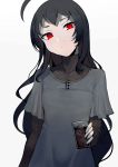  1girl ahoge bangs black_hair closed_mouth cup dress drinking_glass fingernails grey_background grey_dress head_tilt highres isolated_island_oni kantai_collection long_hair long_sleeves looking_at_viewer red_eyes shinkaisei-kan short_over_long_sleeves simple_background solo standing turtleneck upper_body very_long_hair walzrj 