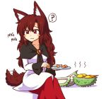  1girl :t ? animal_ears blush_stickers breasts brooch brown_hair collarbone commentary dress durian english_commentary eyebrows_visible_through_hair feet_out_of_frame food hair_between_eyes holding holding_food holding_plate imaizumi_kagerou jewelry long_hair medium_breasts mg_mg multicolored multicolored_clothes multicolored_dress plate red_dress red_eyes shadow simple_background sitting solo spoken_question_mark tail tail_wagging touhou white_background white_dress wolf_ears wolf_tail wool_(miwol) 