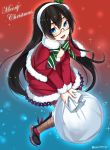  1girl black_hair blue_eyes blue_legwear capelet christmas dress from_above full_body fur-trimmed_dress fur_trim glasses gradient gradient_background hairband highres kantai_collection long_hair looking_at_viewer ooyodo_(kantai_collection) open_mouth red_dress red_legwear ryou@ryou sack semi-rimless_eyewear smile solo twitter_username 