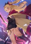  ass blonde_hair blush brown_eyes cape crown detached_sleeves electricity ereshkigal_(fate/grand_order) fate/grand_order fate_(series) hair_ribbon ribbon single_thighhigh tetsuo_(amenohutikoma) thigh-highs tohsaka_rin twintails 