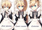  1boy alternate_costume alternate_hairstyle apron blonde_hair blue_eyes chung_seiker dress elsword enmaided long_hair looking_at_viewer maid maid_apron maid_headdress male_focus ponytail puffy_sleeves sal smile solo waist_apron 