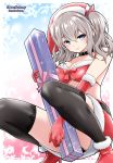  1girl artist_name bikini_top blue_background blue_eyes collar elbow_gloves fur_trim gift gloves hat highres kantai_collection kashima_(kantai_collection) kuroba_dam miniskirt red_footwear red_gloves red_skirt santa_hat sidelocks silver_hair skirt smile solo squatting twintails wavy_hair 