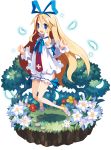  1girl alpha_transparency blonde_hair blue_bow bow disgaea faux_figurine flonne flower grass hair_bow harada_takehito jumping long_hair makai_wars official_art smile solo transparent_background 