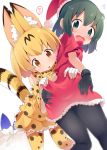  2girls ? alternate_costume animal_ears arm_around_waist black_gloves black_hair black_legwear blonde_hair blush bow bowtie clothes_grab elbow_gloves extra_ears flying_sweatdrops fur_trim gloves green_eyes hat highres kaban_(kemono_friends) kemono_friends looking_back lucky_beast_(kemono_friends) makuran multicolored multicolored_clothes multicolored_gloves multiple_girls open_mouth pantyhose print_gloves print_legwear print_neckwear print_skirt sack santa_costume santa_hat serval_(kemono_friends) serval_ears serval_print serval_tail simple_background skirt spoken_question_mark tail thigh-highs white_background white_gloves yellow_eyes yellow_gloves yellow_legwear yellow_neckwear yellow_skirt zettai_ryouiki 