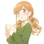  1girl :o blonde_hair blush eyebrows_visible_through_hair facing_to_the_side fingers_together green_sweater looking_at_viewer looking_to_the_side medium_hair original shirt simple_background solo tsuke_(maholabo) two_side_up white_background white_shirt yellow_eyes 