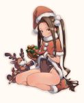  1girl amana_(pocketkey) black_leotard blush brown_eyes brown_hair capelet christmas closed_mouth forehead full_body fur_trim gift hair_bobbles hair_ornament half_updo hat highleg highleg_leotard highres holding holding_gift leotard long_hair looking_at_viewer mittens one_side_up original reindeer santa_costume santa_hat sidelocks sitting solo thighs very_long_hair wariza wavy_hair 