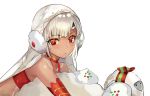  1girl altera_(fate) altera_the_santa bangs bare_shoulders blush dark_skin detached_sleeves earmuffs eyebrows_visible_through_hair fate/grand_order fate_(series) from_side looking_to_the_side mittens red_eyes shiny shiny_hair short_hair simple_background solo tong_pole tsurime upper_body veil white_background white_mittens 