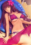  1girl bikini breasts eyebrows_visible_through_hair fate/grand_order fate_(series) flower hibiscus large_breasts long_hair lying navel on_back purple_bikini purple_hair red_eyes sarong sawada_yuusuke scathach_(fate/grand_order) scathach_(swimsuit_assassin)_(fate) smile solo swimsuit 