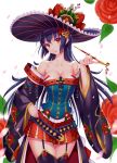  1girl black_hair breasts character_request cleavage closed_mouth cowboy_shot detached_sleeves flower garter_straps hat holding holding_pipe japanese_clothes kiseru long_hair looking_at_viewer medium_breasts nishimura_eri orange_eyes original pipe rose smile solo thigh-highs 