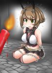  1girl arms_behind_back bangs bare_shoulders black_skirt blush breasts brown_hair candle chained chains chibi collar green_eyes headgear indoors kantai_collection kneehighs kneeling large_breasts metal_belt mutsu_(kantai_collection) navel ouno_(nounai_disintegration) pleated_skirt red_legwear short_hair skirt solo stone_floor striped striped_legwear sweat udon worried 
