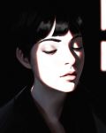  1girl absurdres black_eyes black_hair black_shirt commentary eyelashes face guweiz half-closed_eyes highres limited_palette lips original parted_lips photo_reference pink_lips shirt short_hair sketch solo upper_body 