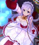  1girl azur_lane belfast_(azur_lane) blue_eyes braid breasts choker christmas cleavage dress eyebrows_visible_through_hair frills highres large_breasts long_hair looking_up maid_headdress mappaninatta mittens reaching_out ribbon silver_hair sitting smile solo 