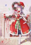  1girl absurdres bangs bell capelet christmas commentary_request dress fur_trim gloves hair_between_eyes hat highres long_hair looking_at_viewer love_live! love_live!_school_idol_project merry_christmas qin_hui_hai red_dress santa_hat skirt_hold solo sonoda_umi standing white_legwear yellow_eyes 