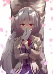  1girl bow bowtie breasts cherry_blossoms chiroru_(cheese-roll) commentary_request covering_mouth feathered_wings hair_between_eyes hand_up heart highres holding jacket kishin_sagume letter looking_at_viewer love_letter medium_breasts open_clothes open_jacket purple_skirt red_eyes red_neckwear silver_hair simple_background single_wing skirt solo touhou tree upper_body white_background white_wings wind wings 