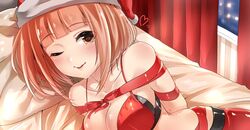  1girl ;p arms_behind_back bangs bare_shoulders bdsm bed_sheet bikini_top blunt_bangs blush bondage bound bound_arms breasts cleavage closed_mouth collarbone curtains eyebrows_visible_through_hair hat heart heart-shaped_pupils highres idolmaster idolmaster_cinderella_girls kitami_yuzu looking_at_viewer murabito_c one_eye_closed orange_hair pillow red_bikini_top red_hat red_ribbon ribbon ribbon_bondage santa_hat shiny shiny_clothes shiny_hair shiny_skin short_hair smile solo symbol-shaped_pupils tareme tongue tongue_out 