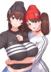 2girls adidas bangs beanie black_hat black_shirt breast_lift breasts brown_eyes brown_hair choker closed_mouth denim eyebrows_visible_through_hair franham hair_between_eyes hand_on_own_chest hat highres hug huge_breasts jeans jewelry kaga_(kantai_collection) kantai_collection long_hair looking_at_viewer multiple_girls navel open_mouth pants pink_lips red_choker red_hat ring ryuujou_(kantai_collection) self_shot shirt simple_background smile striped swept_bangs twintails upper_body wedding_band white_background white_shirt 