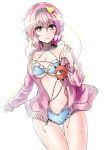  1girl alternate_costume bangs bikini blue_bikini breasts cleavage closed_mouth commentary_request cowboy_shot eyeball hairband heart highres hood hoodie komeiji_satori long_sleeves looking_at_viewer medium_breasts navel open_clothes open_hoodie pink_eyes pink_hair short_hair solo stomach swimsuit thigh_gap third_eye touhou y2 