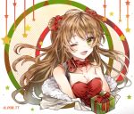  1girl armpit_peek bangs bare_shoulders blush bow bow_choker breasts brown_hair buckle choker christmas christmas_ornaments cleavage coat collarbone double_bun dress duffel_coat eyebrows_visible_through_hair floating_hair fur_trim gift girls_frontline green_eyes hair_bow hand_up head_tilt long_hair looking_at_viewer medium_breasts one_eye_closed open_clothes open_coat open_mouth por portrait red_bow red_dress rfb_(girls_frontline) ribbon_choker santa_costume smile solo star strap thighs twitter_username 
