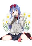  1girl alternate_costume blue_hair blue_skirt bow commentary_request food fruit hair_bow hand_on_own_face hat hat_removed headwear_removed hinanawi_tenshi long_hair looking_at_viewer neck_bow open_mouth peach red_bow red_eyes red_neckwear shirt simple_background sitting skirt solo tetsurou_(fe+) touhou wariza white_background white_flower white_shirt 