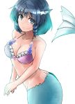  1girl alternate_costume bare_arms bare_shoulders bikini bikini_top blue_eyes blue_hair breasts cleavage closed_mouth collarbone commentary_request fish_tail head_fins highres looking_at_viewer medium_breasts mermaid monster_girl purple_bikini_top ringlets shell short_hair solo stomach swimsuit touhou wakasagihime y2 