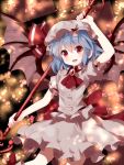  1girl ascot bat_wings blue_hair brooch eyebrows_visible_through_hair hat hat_ribbon highres jewelry looking_at_viewer mob_cap puffy_short_sleeves puffy_sleeves red_eyes remilia_scarlet ribbon ruu_(tksymkw) short_hair short_sleeves skirt skirt_set solo spear_the_gungnir touhou v-shaped_eyebrows wings 