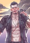  &gt;_&lt; 1boy :d bag black_hair black_jacket final_fantasy final_fantasy_xv fingerless_gloves gladiolus_amicitia gloves grin jacket jewelry male_focus manly moodud muscle necklace open_clothes open_mouth open_shirt scar shirt smile solo tattoo xd 