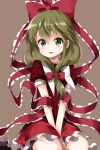  1girl :d between_legs bow brown_hair dress frilled_ribbon frills green_eyes green_hair hair_bow hair_ribbon hand_between_legs highres kagiyama_hina long_hair open_mouth puffy_short_sleeves puffy_sleeves red_dress ribbon ruu_(tksymkw) short_sleeves simple_background sitting smile solo touhou 
