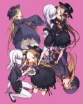  2girls abigail_williams_(fate/grand_order) amana_(pocketkey) bags_under_eyes bangs black_bow black_dress black_footwear black_hat blonde_hair bloomers blue_eyes bow butterfly closed_mouth commentary_request covered_mouth dress fate/grand_order fate_(series) hair_between_eyes hair_bow hat highres lavinia_whateley_(fate/grand_order) long_hair long_sleeves looking_at_viewer multiple_girls multiple_views object_hug orange_bow pale_skin parted_bangs pink_background pink_eyes polka_dot polka_dot_bow shoes simple_background sleeves_past_wrists smile stuffed_animal stuffed_toy teddy_bear underwear upside-down v-shaped_eyebrows very_long_hair white_bloomers white_hair 