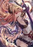  1girl bangs bare_shoulders blush breasts dark_angel_olivia eyebrows_visible_through_hair gloves granblue_fantasy hair_between_eyes highres holding long_hair looking_at_viewer milli_little sleeveless smile solo 