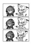  /\/\/\ 2girls 3koma :3 :d :o :t animal_ears bangs bare_shoulders blush_stickers bow bowtie cat_ears cat_tail chestnut_mouth comic eating elbow_gloves eyebrows_visible_through_hair flying_sweatdrops food gloves greyscale hair_between_eyes highres hood hood_up hoodie japari_bun kemono_friends kotobuki_(tiny_life) legs_together long_sleeves monochrome motion_lines multiple_girls neck_ribbon one_eye_closed open_mouth ribbon sand_cat_(kemono_friends) short_hair silent_comic simple_background smile squatting striped sweatdrop tail tsuchinoko_(kemono_friends) tsundere white_background wide-eyed 