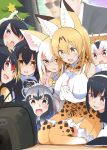  6+girls :d :o alternate_breast_size alternate_hair_length alternate_hairstyle animal_ears antenna_hair bare_shoulders bespectacled black-framed_eyewear black_gloves black_hair blonde_hair blush bow bowtie breasts brown_eyes character_request cleavage_cutout collared_shirt commentary_request common_raccoon_(kemono_friends) crt elbow_gloves eyebrows_visible_through_hair fang fennec_(kemono_friends) fox_ears glasses gloves grey_hair hair_between_eyes hairband hayashi_(l8poushou) high-waist_skirt highres kemono_friends large_breasts lips long_hair multicolored_hair multiple_girls older open_mouth orange_eyes orange_hair orange_neckwear orange_skirt own_hands_together pink_lips pink_sweater pleated_skirt raccoon_ears red_eyes round_teeth seiza serval_(kemono_friends) serval_ears serval_print shirt short_hair sitting skirt sleeveless sleeveless_shirt smile streaked_hair sweater teeth television thigh-highs under-rim_eyewear violet_eyes white_gloves white_hair wing_collar 