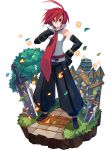  1boy adell_(disgaea) ahoge alpha_transparency black_eyes black_gloves disgaea faux_figurine full_body gloves hand_on_hip harada_takehito leaf makai_wars male_focus necktie official_art redhead short_hair smile solo sword transparent_background tree weapon 