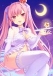  1girl :d absurdres babydoll bangs blush bow breasts cleavage collarbone commentary_request crescent_moon crown detached_sleeves eyebrows_visible_through_hair fang frilled_sleeves frills hair_between_eyes hair_ribbon head_tilt highres large_breasts long_hair long_sleeves looking_at_viewer mini_crown moon night night_sky open_mouth original panties pink_hair purple_bow purple_legwear purple_panties purple_ribbon ribbon sasakura_momiji see-through side-tie_panties sidelocks sitting sky smile solo stairs star thigh-highs tsurime twintails underwear very_long_hair 