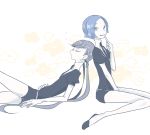  androgynous benitoite_(houseki_no_kuni) black_footwear black_hair black_neckwear black_shorts blue_eyes blue_hair closed_eyes cojimama dated finger_to_mouth gem_uniform_(houseki_no_kuni) houseki_no_kuni long_hair nail_polish necktie neptunite_(houseki_no_kuni) shirt short_hair short_sleeves shorts shushing signature sleeping twintails white_shirt 