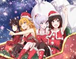  4girls animal_ears blake_belladonna cat_ears christmas commentary hat highres multiple_girls ottey ruby_rose rwby sack santa_costume santa_hat sleigh snowing weiss_schnee yang_xiao_long 