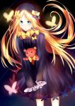  1girl :o abigail_williams_(fate/grand_order) bangs black_bow black_dress black_hat blonde_hair blue_eyes blush bow butterfly commentary_request dress eyebrows_visible_through_hair fate/grand_order fate_(series) hair_bow hat long_hair long_sleeves looking_at_viewer object_hug orange_bow parted_bangs parted_lips polka_dot polka_dot_bow sleeves_past_wrists solo stuffed_animal stuffed_toy teddy_bear v_arms very_long_hair yoko_(yang-tzu) 