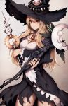  1girl black_hat blonde_hair blush dorothy_(shingeki_no_bahamut) gem hair_between_eyes hat highres holding holding_wand inaba_sunimi jewelry long_hair long_sleeves necklace parted_lips red_eyes shadowverse solo wand weapon witch witch_hat 