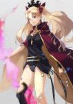  55level asymmetrical_legwear asymmetrical_sleeves bangs between_breasts black_legwear black_nails blonde_hair buckle cape closed_mouth commentary_request detached_collar earrings ereshkigal_(fate/grand_order) fate/grand_order fate_(series) hair_ribbon highres holding holding_weapon infinity jewelry light_particles long_hair looking_at_viewer multicolored multicolored_cape multicolored_clothes nail_polish necklace parted_bangs polearm red_cape red_eyes red_ribbon ribbon simple_background single_sleeve single_thighhigh skull smile spine thigh-highs tiara tohsaka_rin two_side_up weapon yellow_cape 
