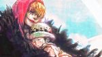  2boys bangs black_hair blonde_hair cape child closed_eyes closed_mouth donquixote_rocinante facepaint father_and_son fur_cape hair_over_one_eye hand_on_another&#039;s_back hat hood hood_up hug makeup male_focus multiple_boys one_piece sleeping sleeping_upright trafalgar_law tsuyomaru upper_body white_skin 